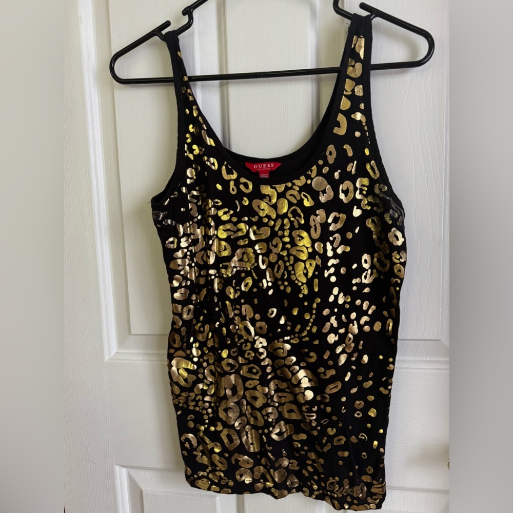 GUESS Gold Leopard Print Decal Black Tank Top womens size Medium
